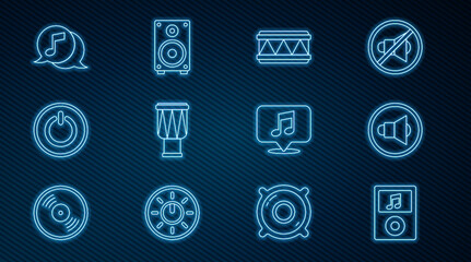 Set line Music player, Speaker volume, Drum, Power button, Musical note in speech bubble, and Stereo speaker icon. Vector