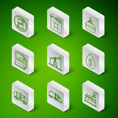 Set line Oil industrial factory building, Tanker truck, No barrel for gasoline, pump pump jack, Petrol station, Canister, railway cistern and drop with dollar icon. Vector