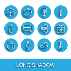 Set line Peach fruit, Carrot, Leaf or leaves, Sun and cloud weather, Shovel, Speech bubble with text autumn, Calendar and Wind icon. Vector