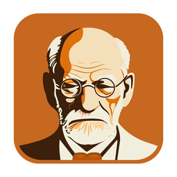 Sigmund Freud - father of psychoanalysis, portrait. Ego, superego, libido, sexuality. Vector flat illustration in several colors, silhouette