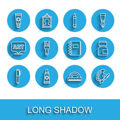 Set line Pen, Tube with paint palette, Protractor, Paint brush, Paint, gouache, jar, dye and Spiral notebook icon. Vector