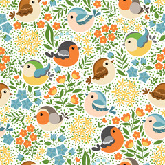 Seamless pattern, spoonflower style. Different spring birds on flower background. Vector illustration.