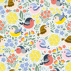 Seamless pattern, spoonflower style. Different spring birds on flower background. Vector illustration.