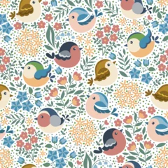 Fototapeten Seamless pattern, spoonflower style. Different spring birds on flower background. Vector illustration. © Jellicle