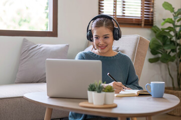 Asian girl student online learning class study online video call zoom teacher, Happy asian girl learn english language online with computer laptop..