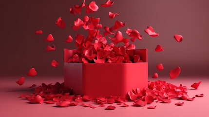 3D podium, display, background. Red, surprise, open gift box. Generative Ai