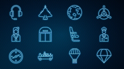 Set line Parachute, Pilot, Worldwide, Aircraft hangar, Stewardess, Headphones with microphone, Airplane seat and Jet fighter icon. Vector