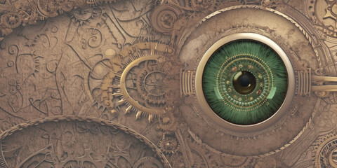 Fototapeta na wymiar Steampunk background for presentation one of four Brass and gears with different focal points eye iris, room for copy - generative AI 