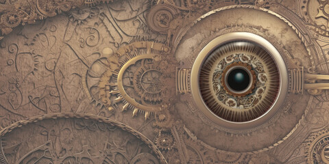 Steampunk background for presentation one of four Brass and gears with different focal points eye iris, room for copy - generative AI 