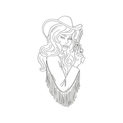 Beautiful cool cowgirl with a gun in retro leather jacket. Linear Vector illustration isolated on white.