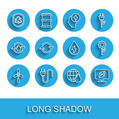 Set line Wind turbine, Electric plug, Recycle symbol inside shield, Earth planet water drop, Location with leaf, Refresh, Leaf plant gear machine and Water energy icon. Vector