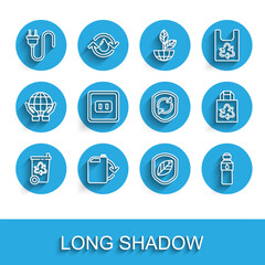 Fototapeta premium Set line Recycle bin with recycle, Eco fuel canister, Electric plug, Shield leaf, Bottle of water, Electrical outlet, Paper bag and symbol inside shield icon. Vector