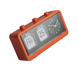 Retro electronic alarm clock and analog flip calendar. Retro design from 60s 70s on white background