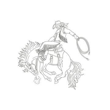 Cowboy rodeo on wild horse. Linear Vector illustration isolated on white. 