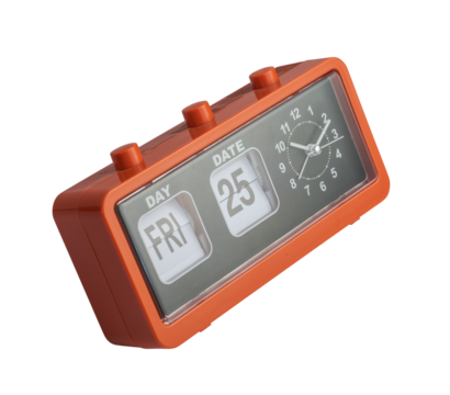 Retro electronic alarm clock and analog flip calendar. Retro design from 60s 70s on white background