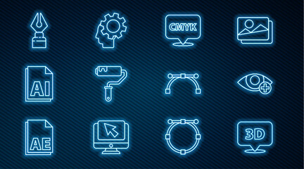 Set line Speech bubble with text 3D, Red eye effect, CMYK, Paint roller brush, AI file document, Fountain pen nib, Bezier curve and Human head gear inside icon. Vector