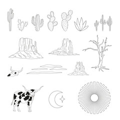 Western desert nature landscape elements. Mountain, cactus, dry tree, cow. Linear Vector illustration set isolated on white.