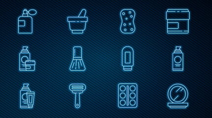 Set line Makeup powder with mirror, Spray can for hairspray, Sponge bubbles, brush, Cream lotion cosmetic tube, Perfume, and Mortar and pestle icon. Vector