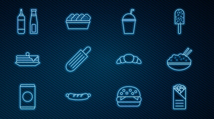 Set line Doner kebab, Rice in bowl with chopstick, Milkshake, French hot dog, Stack of pancakes, Sauce bottle, Croissant and Chicken nuggets box icon. Vector