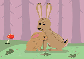 Obraz premium Cute farm animals. Mothers and babies. Cute animal vector illustration for kids. Cartoon flat style.