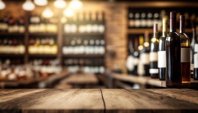 Empty rustic wood table in a wine shop with blurred bottles on background, ai generative illustration