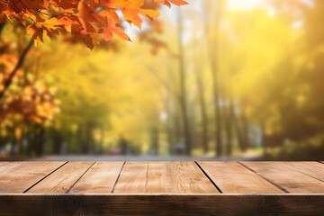 Naklejka na ściany i meble Empty rustic wood table in sunny autumn with blurred background, ai generative illustration