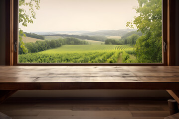 Empty rustic wood table in front of an open window with blurred vineyard, ai generative illustration