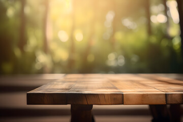 Empty rustic wood table in the nature, blurred background, ai generative illustration