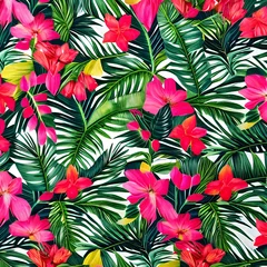 Abwaschbare Fototapete A vibrant pattern of tropical leaves and flowers4, Generative AI © Ai.Art.Creations