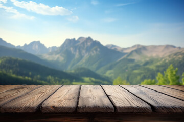 Fototapeta na wymiar Empty rustic wood table in the nature with blurred mountain on background, ai generative illustration