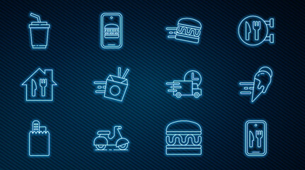 Set line Online ordering and delivery, ice cream, burger, noodles, Paper glass with water, Fast by car and icon. Vector