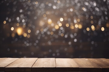 Empty rustic wood table with bokeh blurred background, ai generative illustration