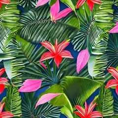 Fototapeta na wymiar A vibrant pattern of tropical leaves and flowers1, Generative AI