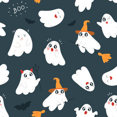 Halloween ghosts seamless pattern. Scary creepy ghostly print, cartoon spooky ghosts and bat party graphic. Magic classy vector fabric print