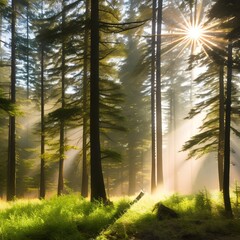 A misty forest landscape with a sunbeam shining through3, Generative AI