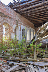 the interior of abandoned and ruined building, disheveled church in Russia
