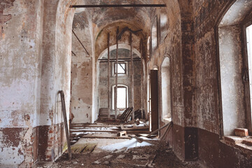 the interior of abandoned temple, interior of abandoned building