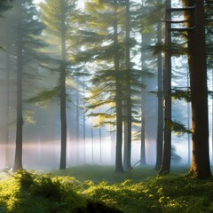 A misty forest landscape with a sunbeam shining through5, Generative AI