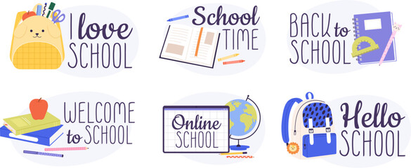 Back to school badges. Educational stickers, cool fashion cartoon logos. Cartoon backpack, stationery and books, racy student tools vector graphic