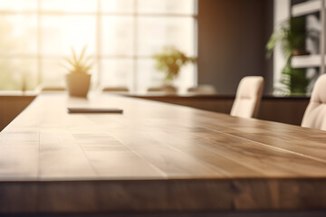 Empty wood table in a sunny office, blurred background, ai generative illustration