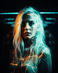 Junge blonde Frau im futuristischem Outfit, Generative AI