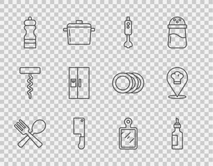 Set line Crossed fork and spoon, Bottle of olive oil, Blender, Meat chopper, Pepper, Refrigerator, Cutting board and Chef hat with location icon. Vector