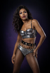 Fototapeta premium Beautiful Sexy Black Female Model in Silver Sequins