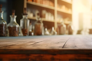 Empty wood table in a vintage pharmacy, blurred background, ai generative illustration