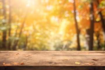 Naklejka na ściany i meble Empty wood table in autumn with blurred background, ai generative illustration
