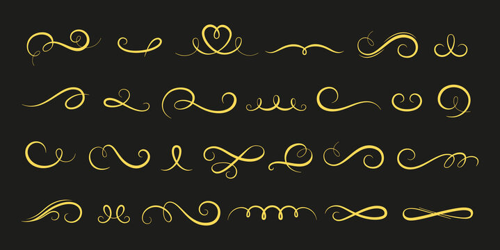 Curly graphic elements. Calligraphy swashes, signature decorative creative design. Lettering and letters finish curve signs, vector gold vintage set