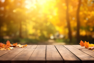 Naklejka na ściany i meble Empty wood table in sunny autumn with blurred background, ai generative illustration