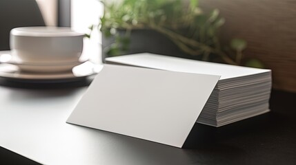 Blank business card for mockup. white textured paper background on table