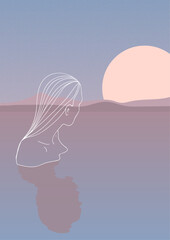 Female silhouette with lines on the background of the sea