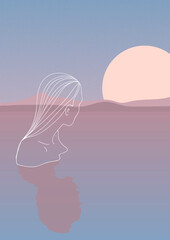 Female silhouette with lines on the background of the sea